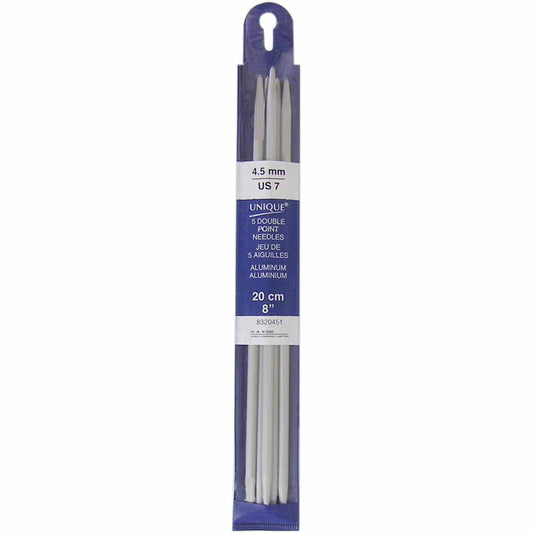 UNIQUE KNITTING Double Point Needles — 20 cm (8″) Aluminum, 4.5 mm (US 7) — Set of 5