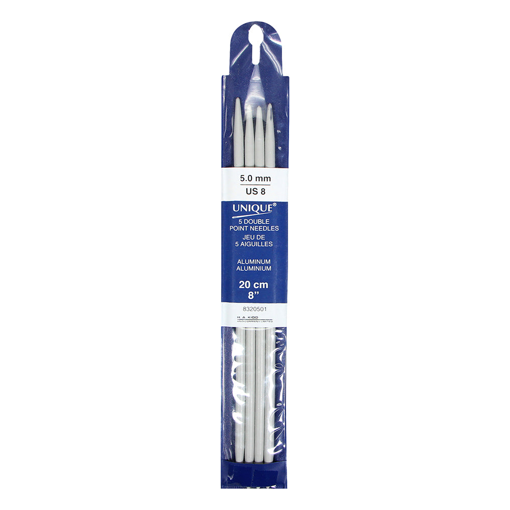 UNIQUE KNITTING Double Point Needles — 20 cm (8″) Aluminum, 5 mm (US 8) — Set of 5