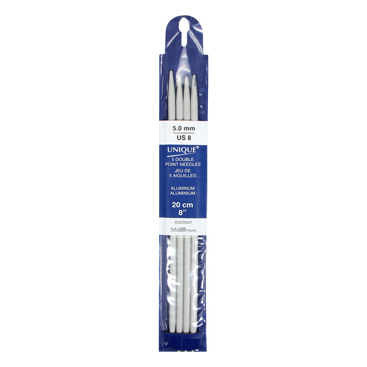 UNIQUE KNITTING Double Point Needles — 20 cm (8″) Aluminum, 5 mm (US 8) — Set of 5