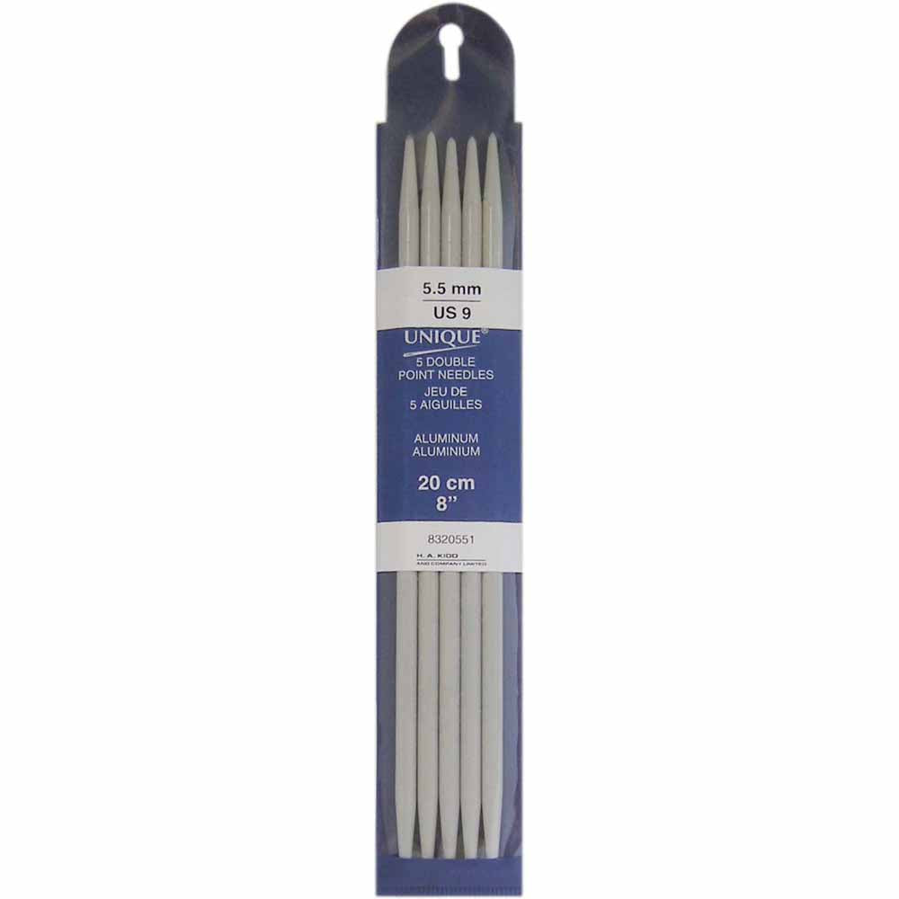 UNIQUE KNITTING Double Point Needles — 20 cm (8″) Aluminum, 5.5 mm (US 9) — Set of 5