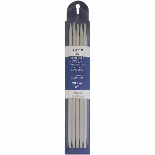 UNIQUE KNITTING Double Point Needles — 20 cm (8″) Aluminum, 5.5 mm (US 9) — Set of 5