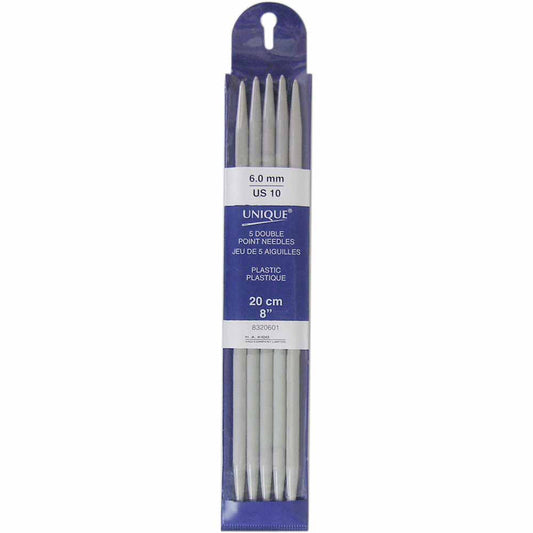 UNIQUE KNITTING Double Point Needles — 20 cm (8″) Plastic, 6 mm (US 10) — Set of 5