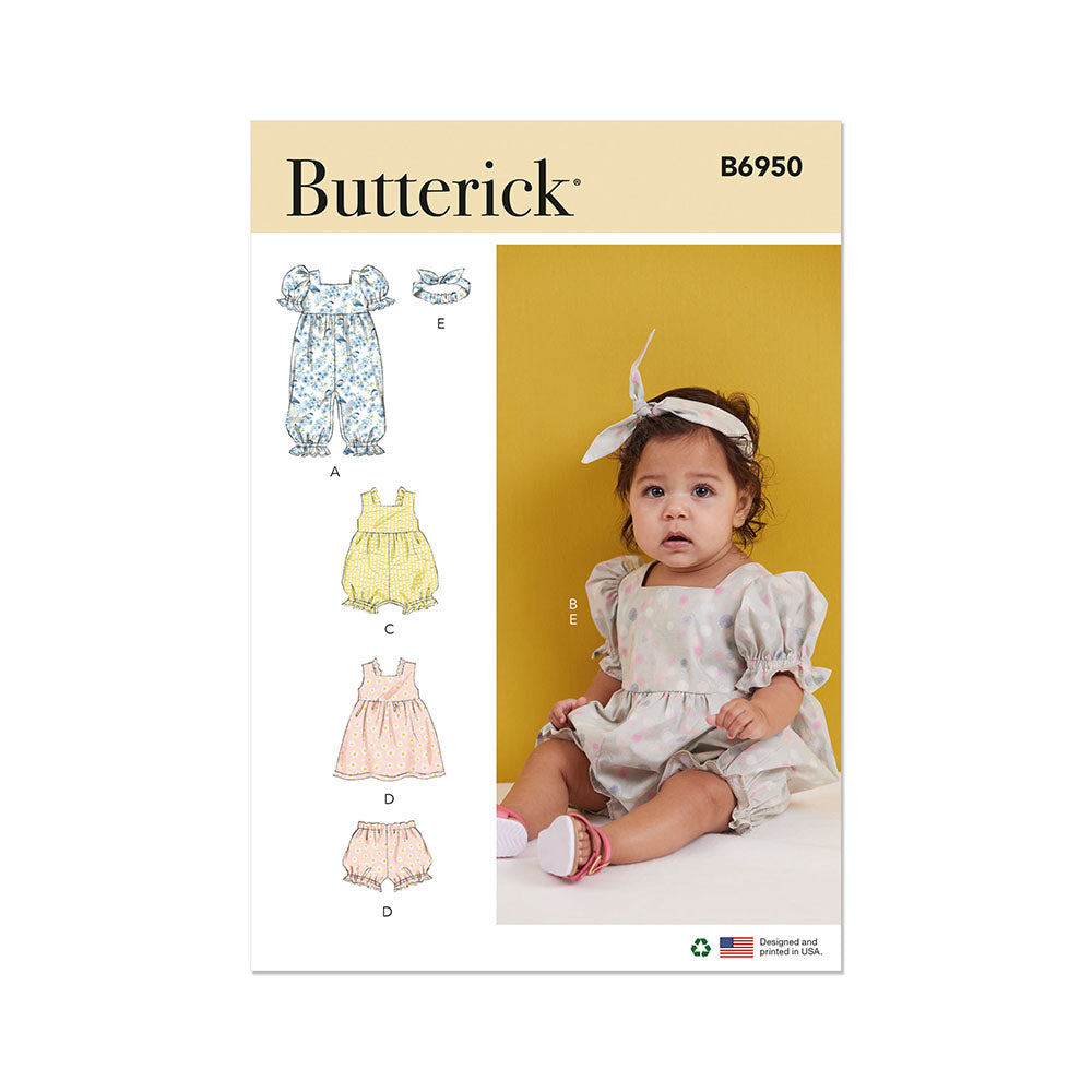 BUTTERICK B6950 Babies' Rompers, Dress, Bloomers and Headband