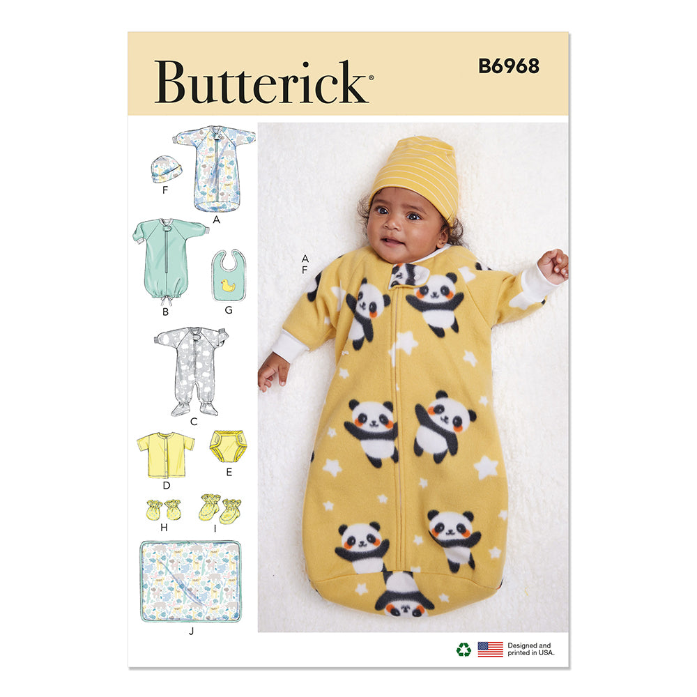 BUTTERICK B6968 Infants' Bunting, Jumpsuit, Shirt, Diaper Cover, Hat, Bib, Mittens, Booties And Blanket
