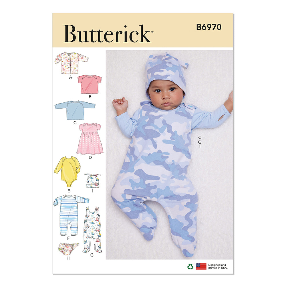 BUTTERICK B6970 Infants' Jacket, Tops, Dress, Rompers, Diaper Cover And Hat