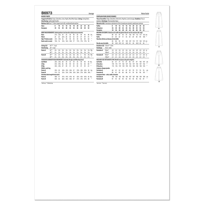 BUTTERICK B6973 Misses' Pants by Palmer/Pletsch
