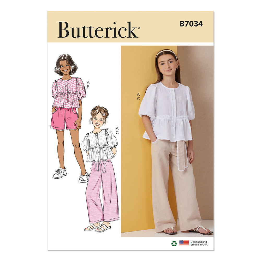 BUTTERICK B7034 Girls' Top, Shorts, Pants and Sash