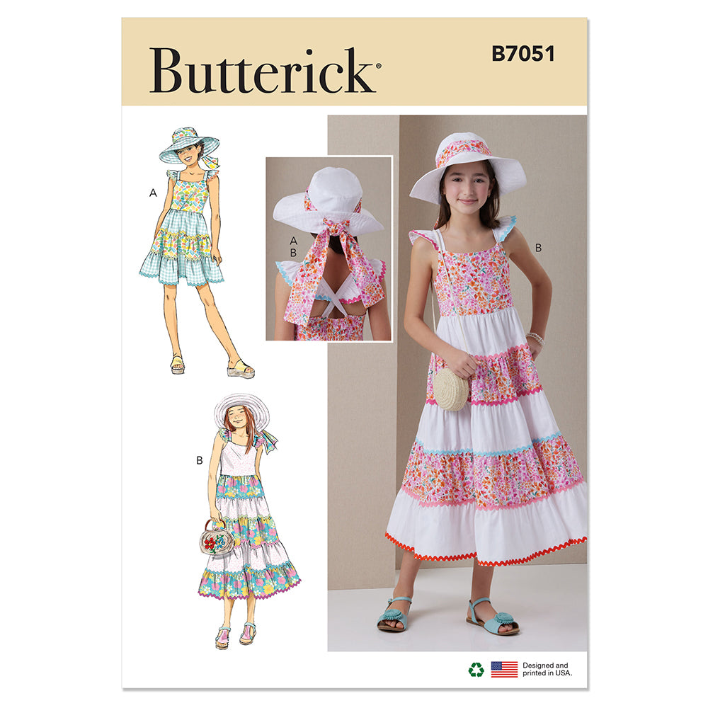 BUTTERICK B7051 Girls' Dress in Two Lengths and Hat in Three Sizes