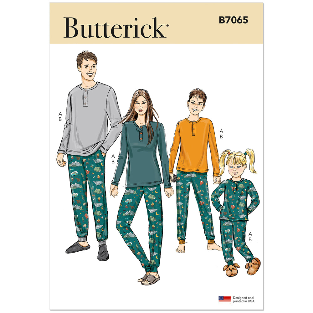 BUTTERICK B7065 Girl's and Boy's and Adult Knit Tops and Joggers Sewing Pattern, Sizes XS-L/XS-XL