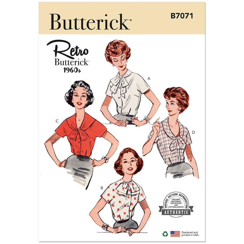 BUTTERICK B7071 1960s Misses' Blouse with Four Necklines Sewing Pattern, Sizes 16-18-20-22-24-26