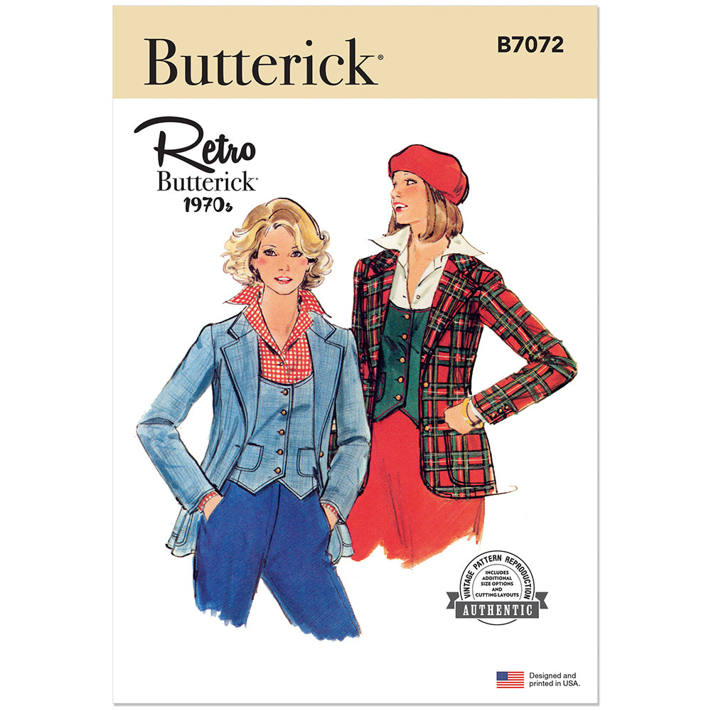 BUTTERICK B7072 1970s Misses' Vest and Jacket Sewing Pattern, Sizes 6-8-10-12-14-16