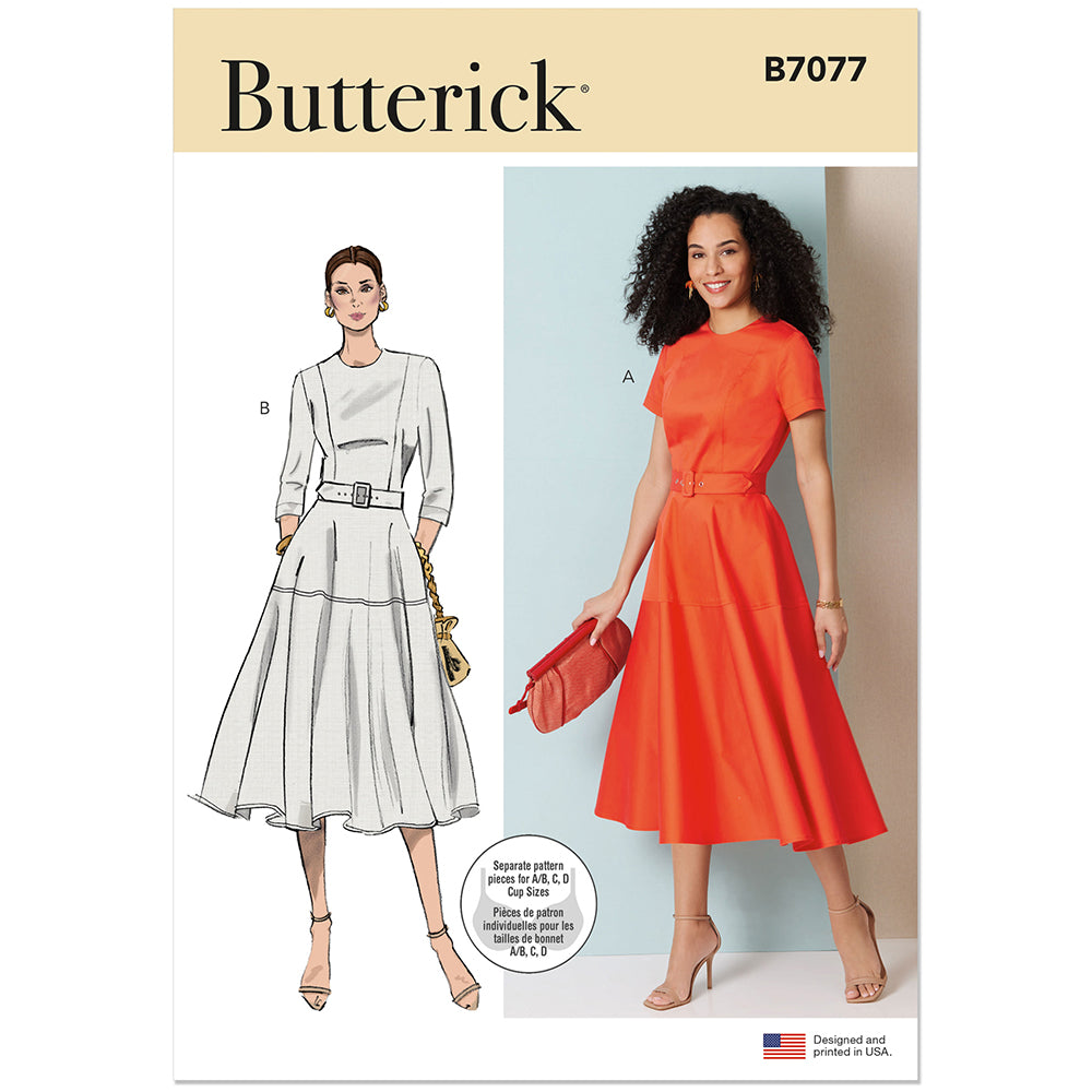 BUTTERICK B7077 Fit-and-Flare Dress with Belt Pattern, Sizes 18-20-22-24-26