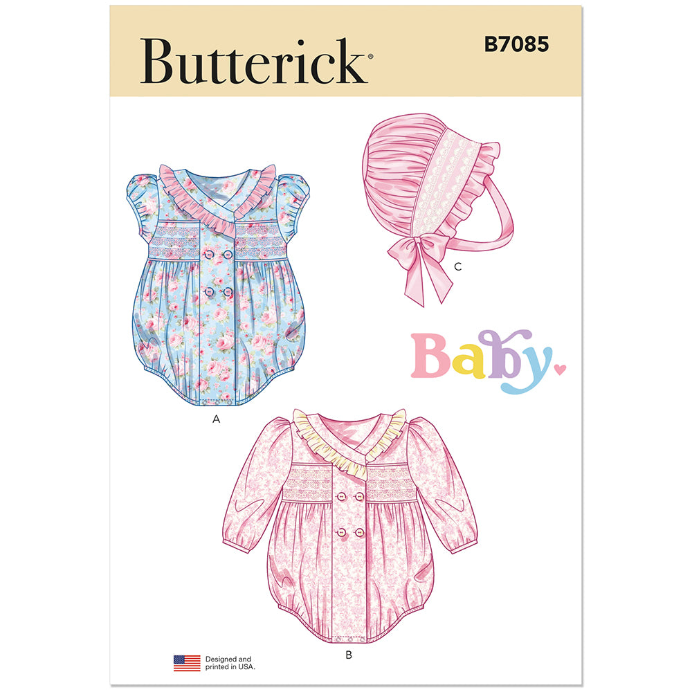 BUTTERICK B7085 Baby Romper and Bonnet Pattern, Sizes XS-S-M-L