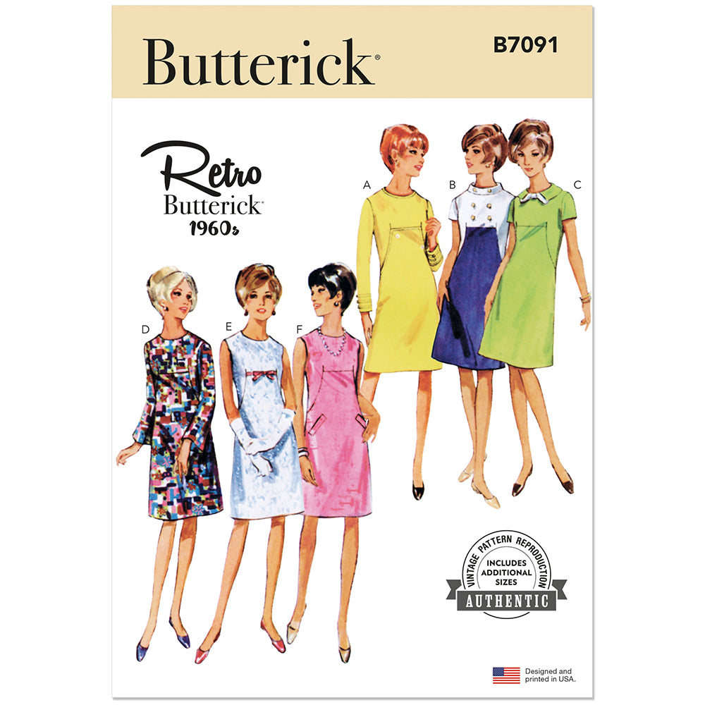 BUTTERICK B7091 1960s One-Piece Dress Pattern, Sizes 10-12-14-16-18
