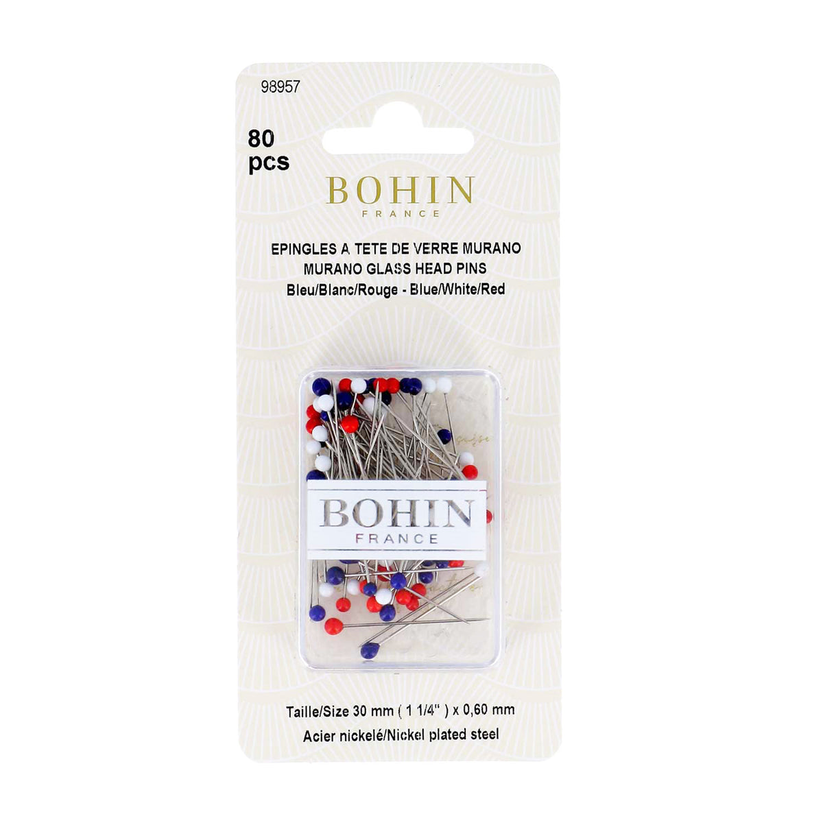 BOHIN Ep.Tete Verre 30 X 0.60mm Blister X 8G Bleu Blanc Rouge