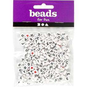 CREATIV COMPANY white letter beads with black print and red hearts, 200 pieces