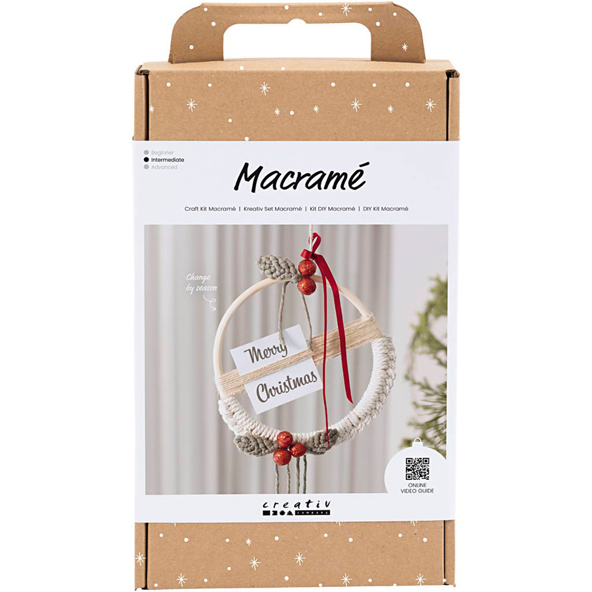 CREATIV COMPANY Macramé Craft Kit - Christmas wreath, moss green, christmas red, off-white, 18.6cm x 5cm x 31.4cm (7.32in x 1.96in x 12.36in)