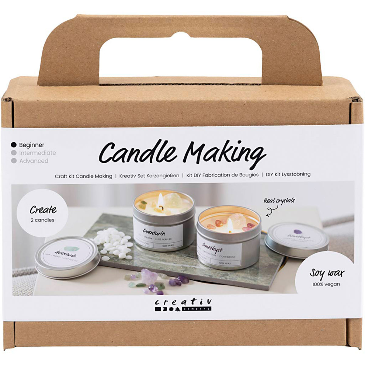 CREATIV COMPANY Mini Craft Kit - Soy candle with aventurin and amethyst, cream, off white, 18.6cm x 5cm x 13.2cm (7.32in x 1.96in x 5.19in)