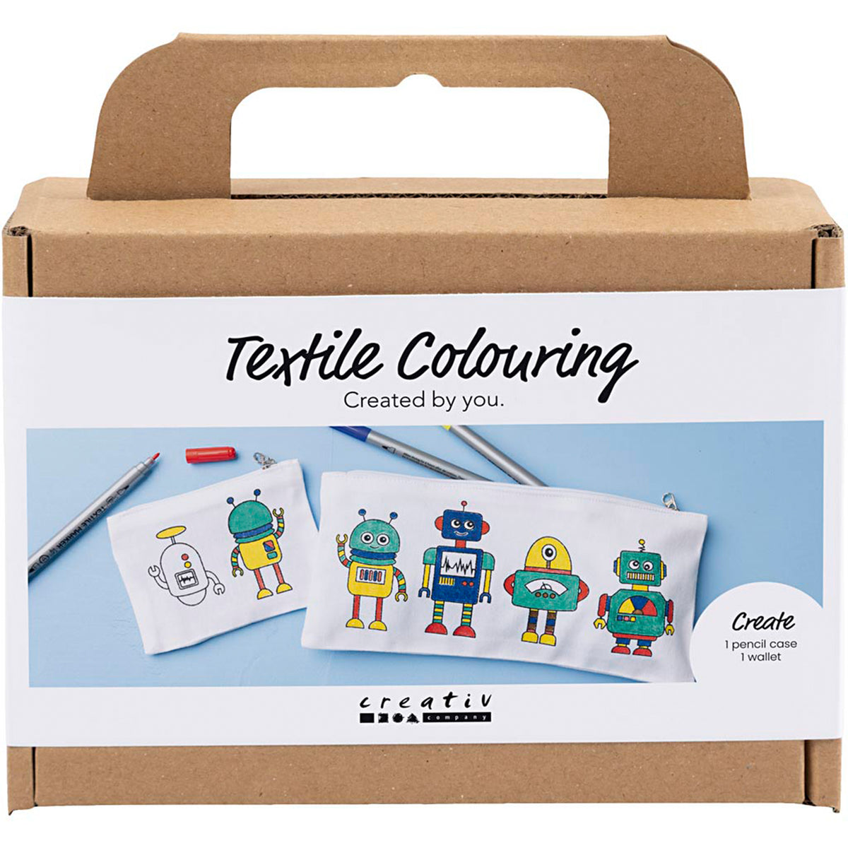 CREATIV COMPANY Textile Colouring Mini Craft Kit 18.6cm x 5cm x 13.2cm (7.32in x 1.96in x 5.19in) - Robot, primary colours