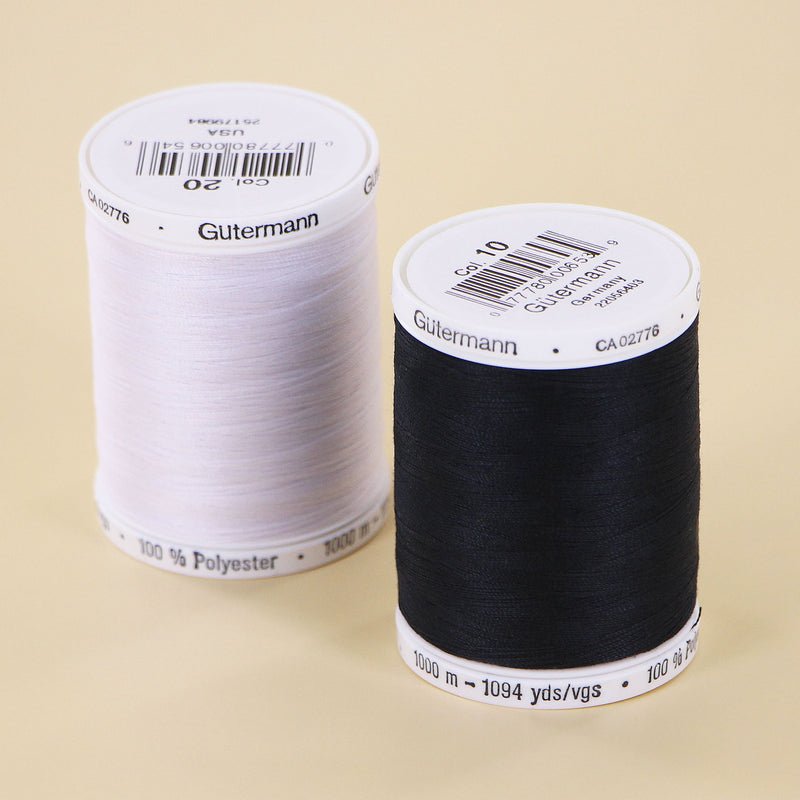 Fil à coudre tout usage Gutermann MCT - 100% polyester, robuste et durable, 2 bobines (noir et nouveau blanc), 1000m chacune, pour tous les matériaux et toutes les coutures, pour la couture à la machine et à la main