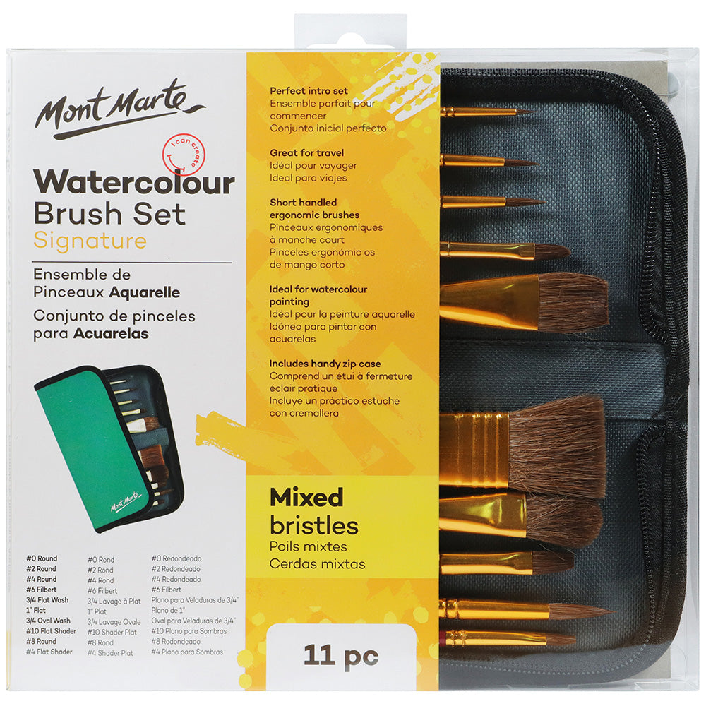 MONT MARTE Mixed Bristle Watercolour Brush Set Wallet 11 piece set