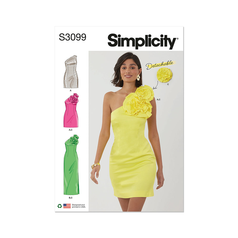 SIMPLICITY S3099 Misses' and Miss Petite Dress in Two Lengths with Detachable 3D Flowers