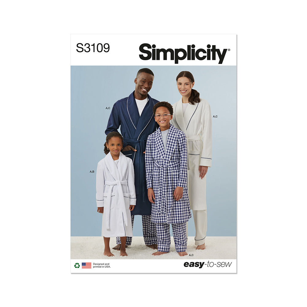 SIMPLICITY S3109 Girls' and Boys' and Adults' Robe, Shorts and Pants