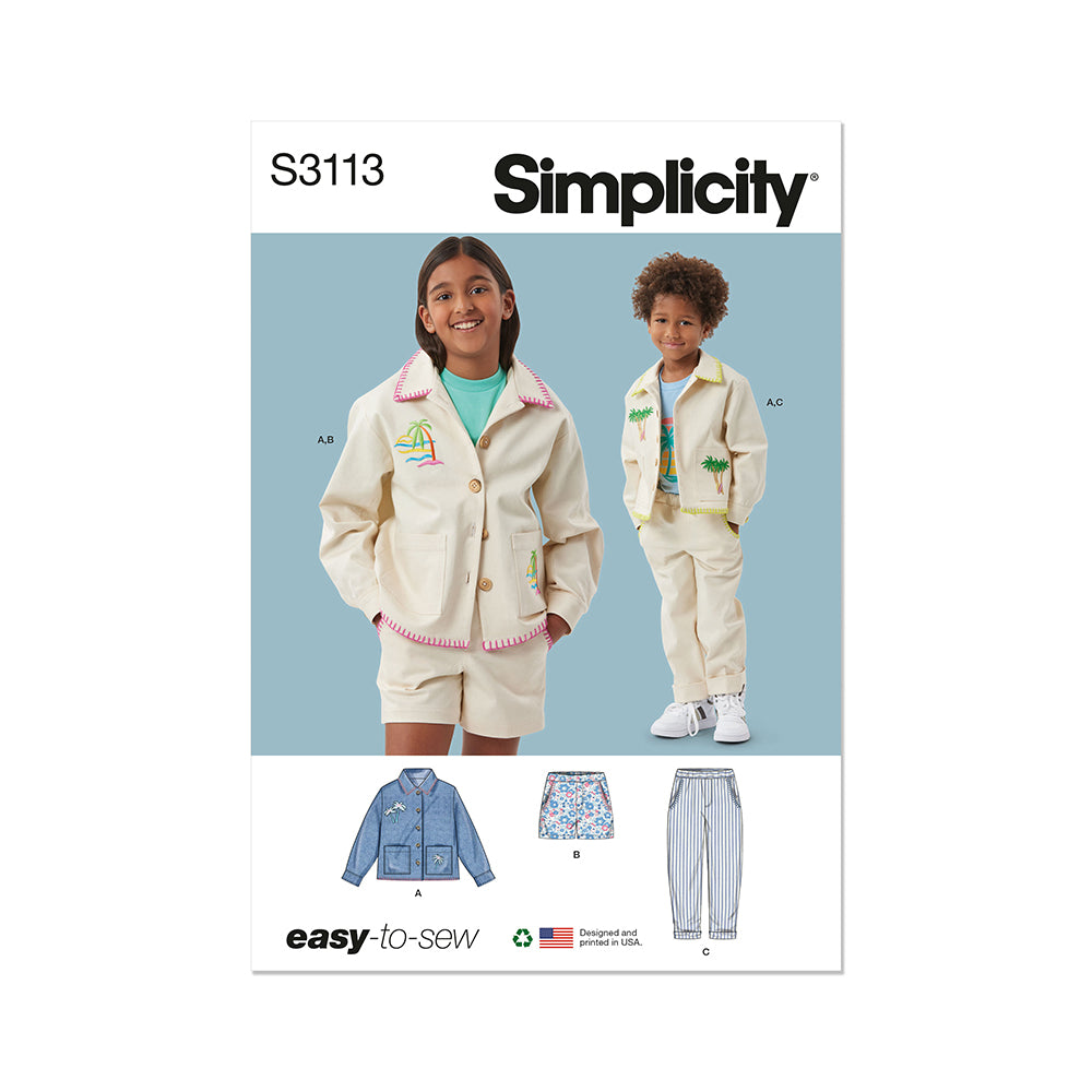 SIMPLICITY S3113 Children's or Girls' and Boys' Jacket, Shorts and Pants