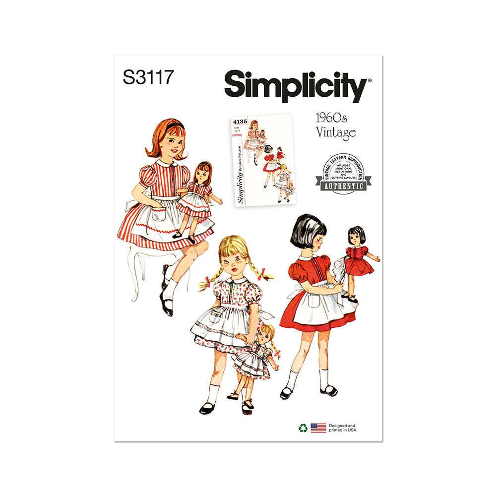SIMPLICITY S3117 Children's Dress and Apron, Doll and Dolls' Dress and Apron
