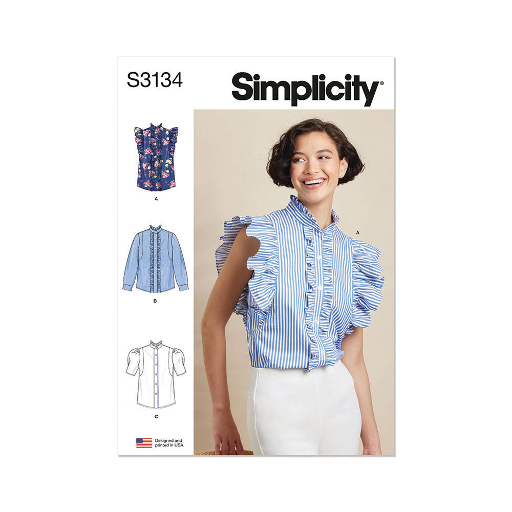 SIMPLICITY Misses Ruffled Button Front Top with Sleeve Variations