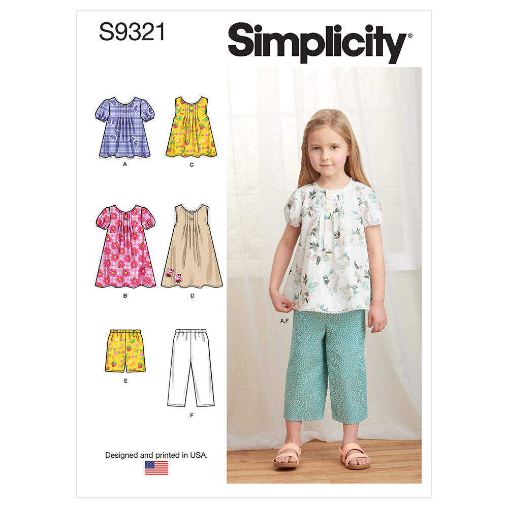 SIMPLICITY S9321 Children’s Tucked Top, Dress, Shorts, And Pants