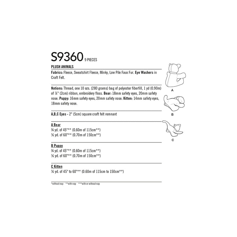 SIMPLICITY S9360 Animaux En Peluche