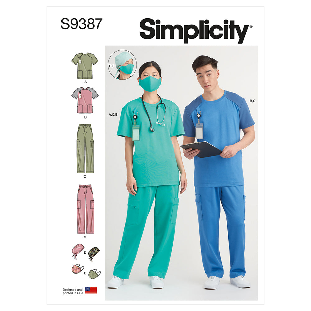 SIMPLICITY S9387 Unisex Knit Scrub Top, Pants, Cap And Mask
