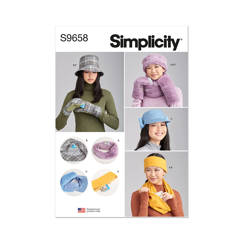 SIMPLICITY S9658 Misses' Hats, Headb Mittens In Sizes S-M-L, Cowl, And Infinity Scarf
