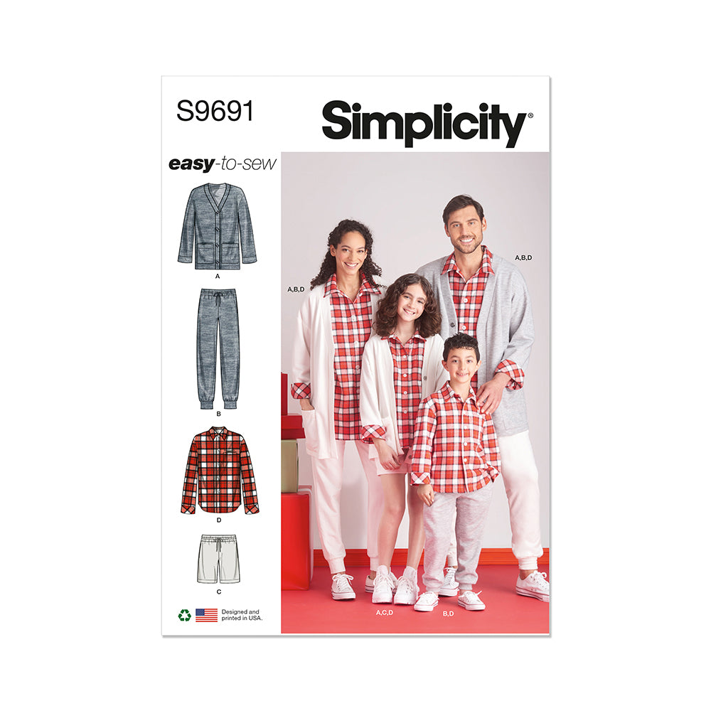 SIMPLICITY S9691 Girls, Boys And Adults' Lounge Shirt, Cardigan, Shorts And Joggers