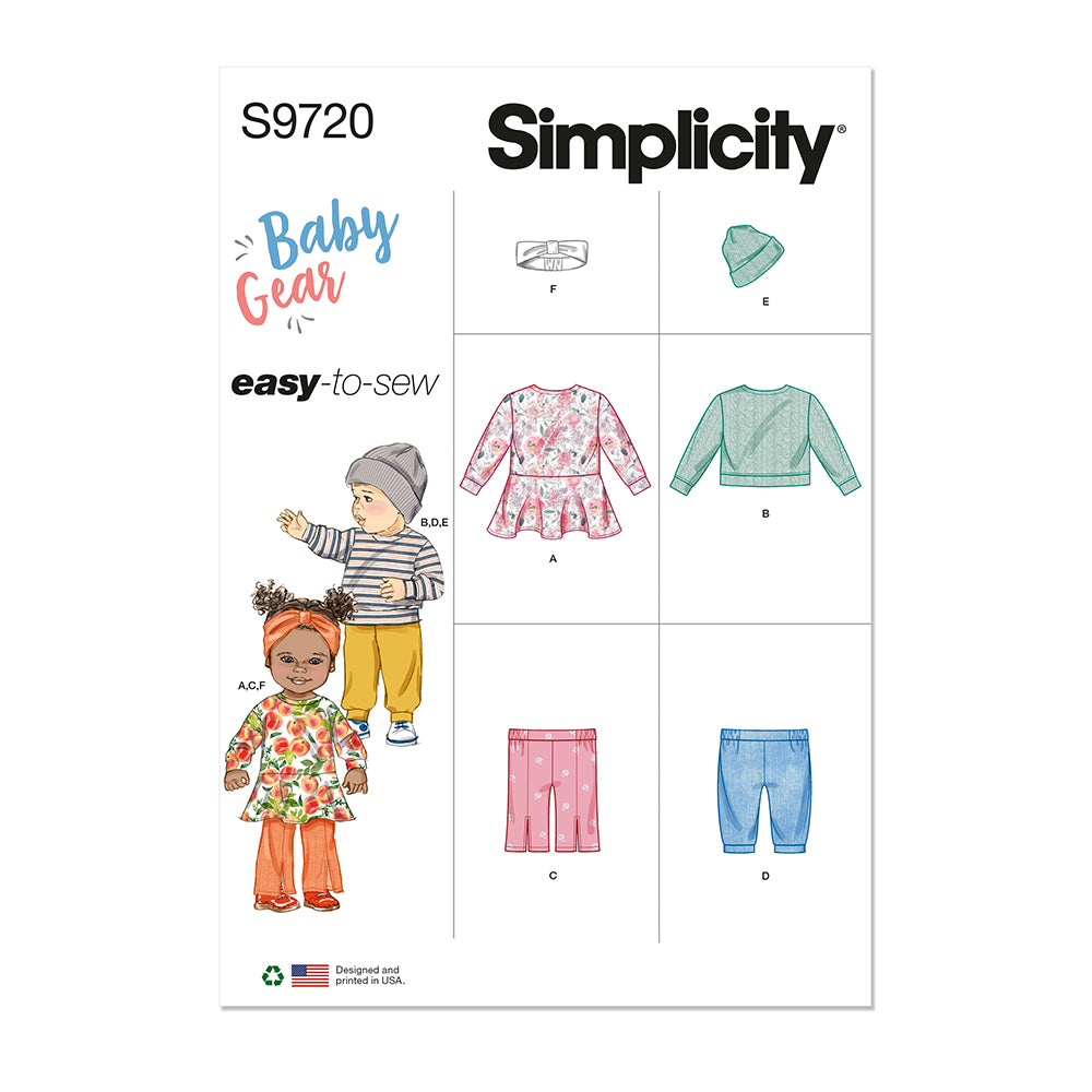 SIMPLICITY S9720 Babies' Knit Dress, Top, Pants, Hat, And Headband In Sizes S-M-L