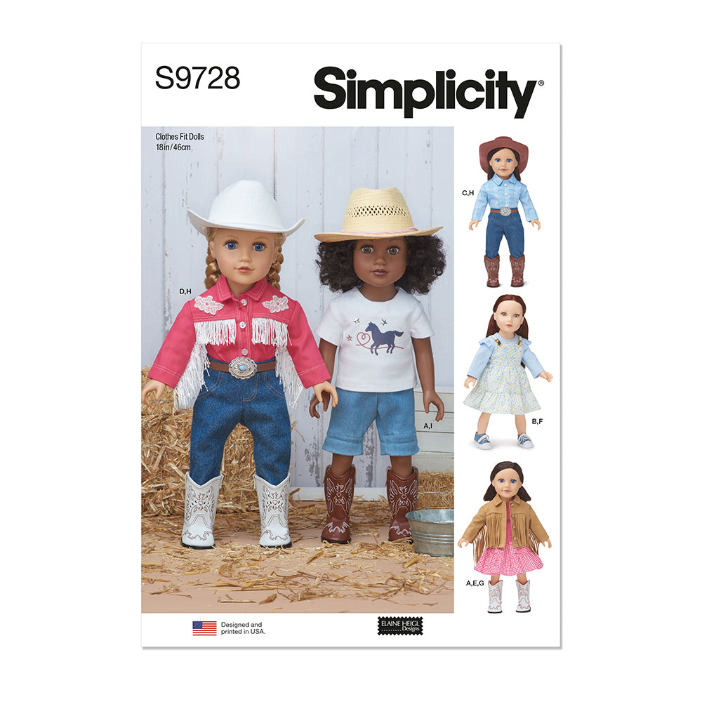 SIMPLICITY S9728 18in Doll Clothes By Elaine Heigl Designs