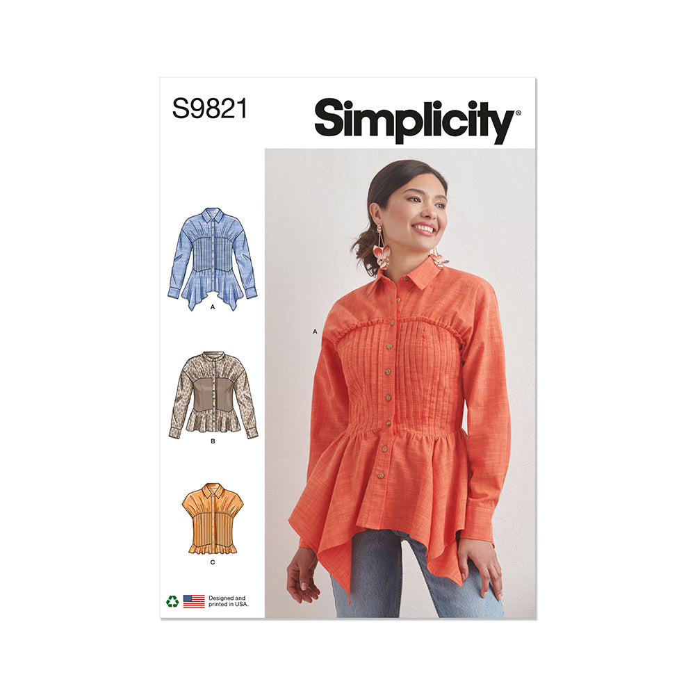SIMPLICITY S9821U5 Misses' Blouse with Collar, Sleeve and Hemline Variations