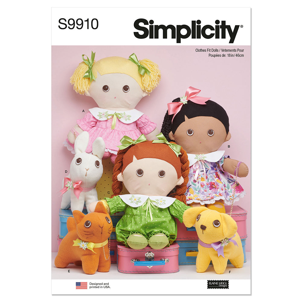 SIMPLICITY S9910 Plush Dolls With Clothes And Plush Pets By Elaine Heigl Designs