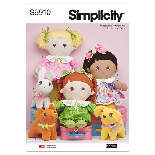 SIMPLICITY S9910 Plush Dolls With Clothes And Plush Pets By Elaine Heigl Designs