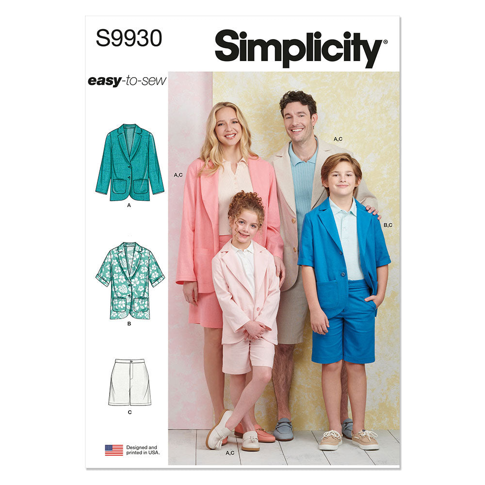 SIMPLICITY EASY-TO-SEW S9930 Children's, Teens' and Adults' Blazers and Shorts