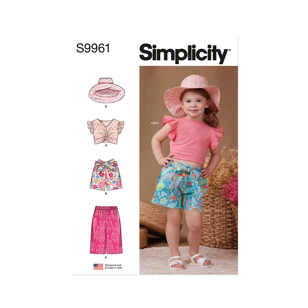 SIMPLICITY S9961 Toddlers' Shorts, Pants, Hat and Knit Top Worn Front or Back