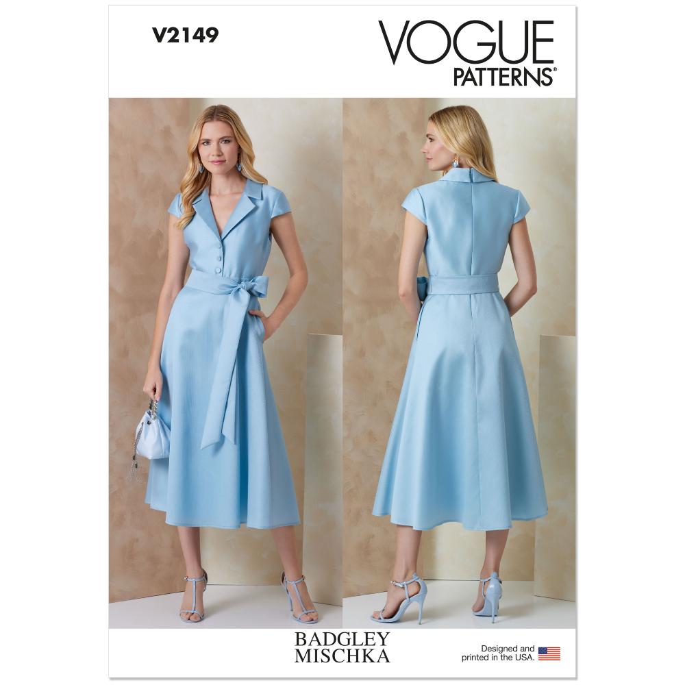 VOGUE V2149 Fit-and-Flare Midi Shirtdress & Sash Pattern, Sizes 6-8-10-12-14-16