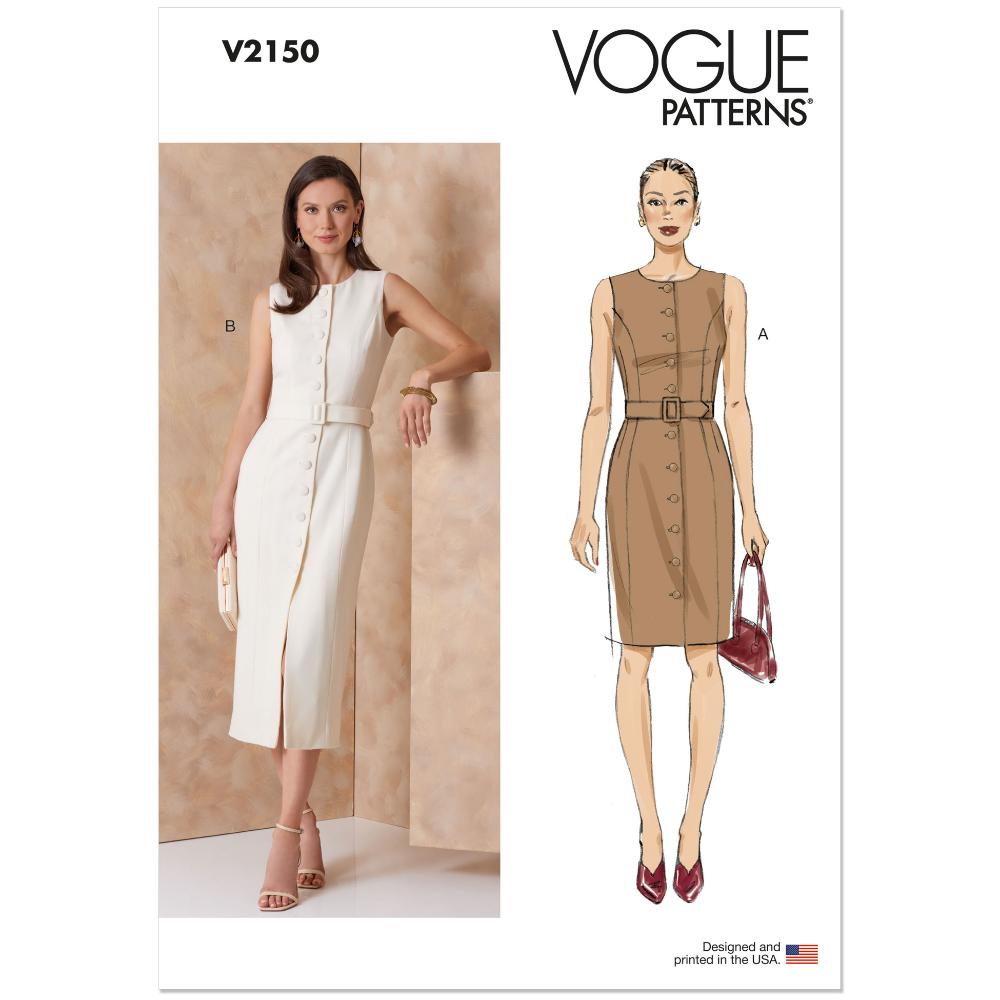 VOGUE V2150 Button-Front Dress with Princess Seams & Belt Pattern, Sizes 14-16-18-20-22