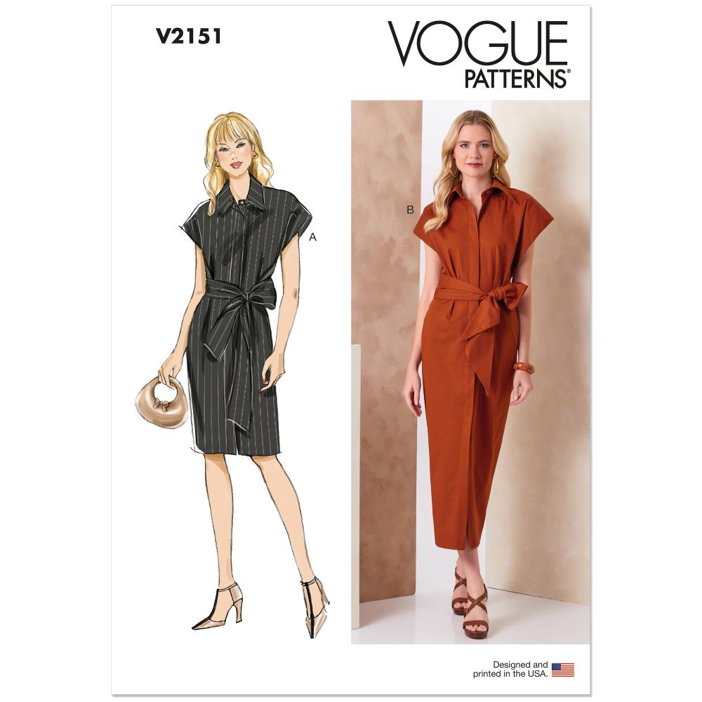 VOGUE V2151 Two-Length Shirtdress with Sash Pattern, Sizes 8-10-12-14-16