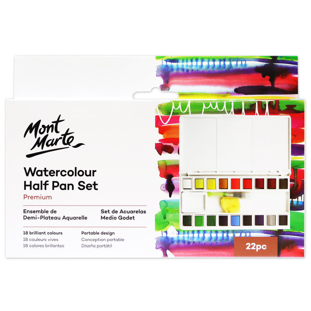MONT MARTE Watercolour Paint 18 Colour Half Pan Set with Brush, Sponge and Dish