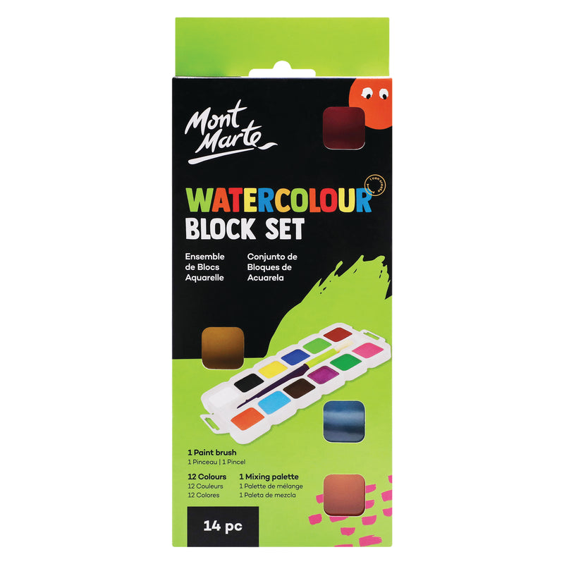MONT MARTE Kids Watercolour 12 Colour Block Set with Palette and Brush